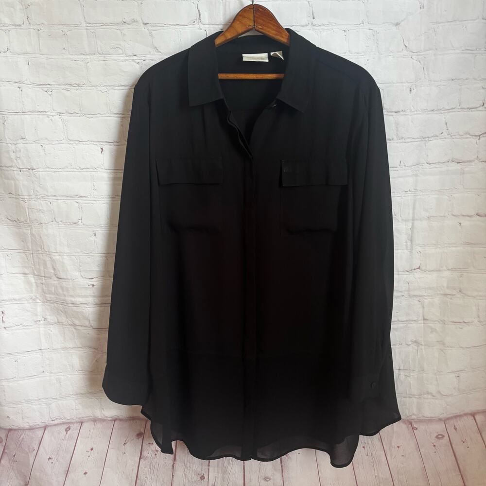 Chico’s black button down blouse sheer bottom sleeve and back Size 3 XL 16